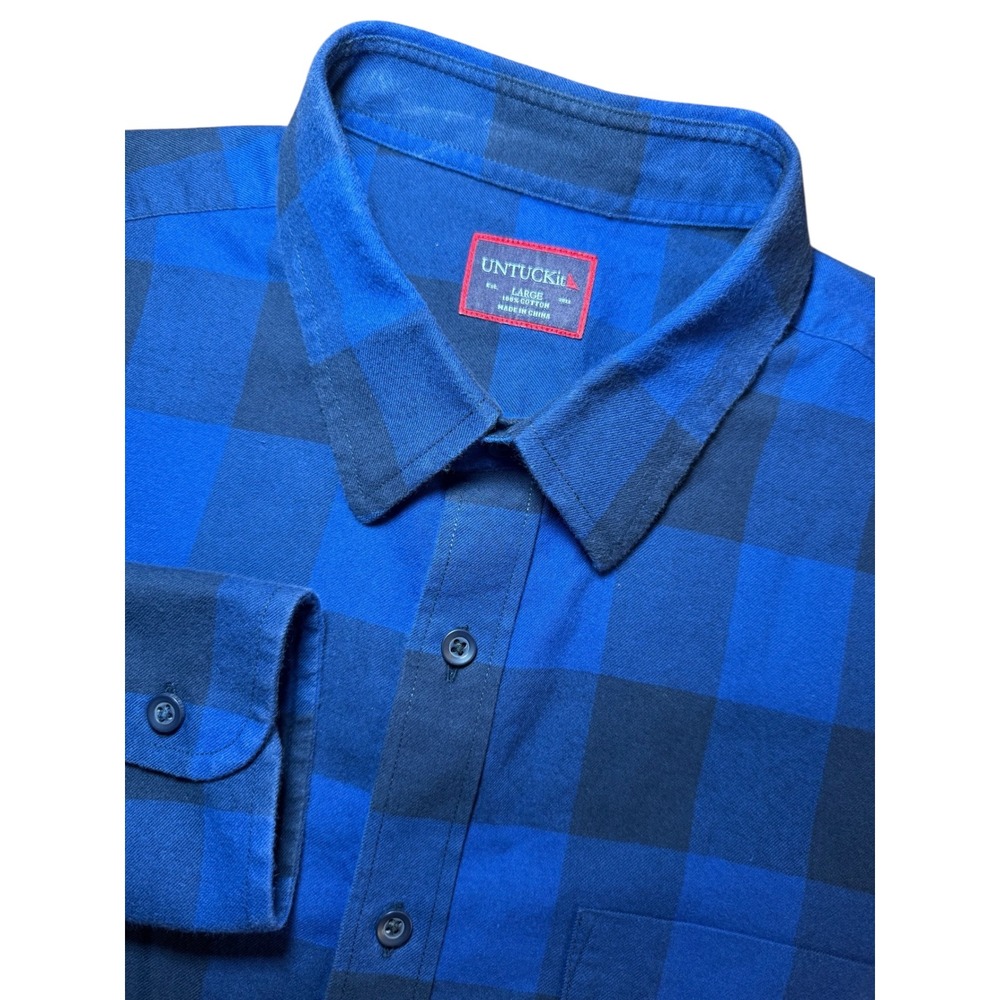 UNTUCKit Mens L Blue Black Buffalo Plaid Flannel Long Sleeve‎ Button Down Shirt